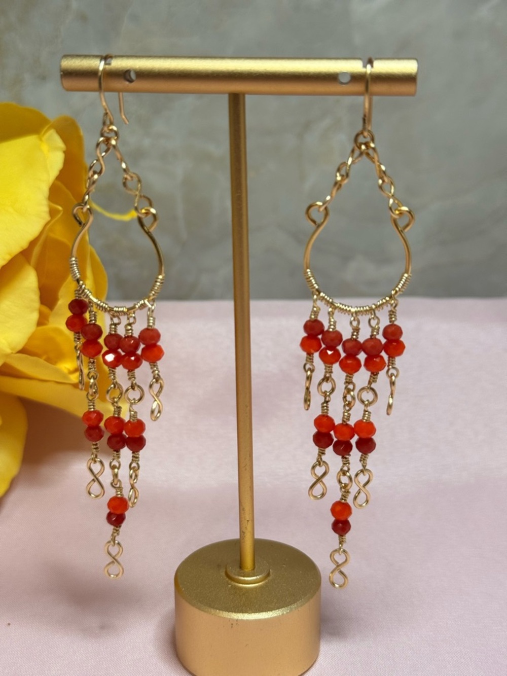 Handcrafted Gold-Tone Red Beaded Chandelier Earrings